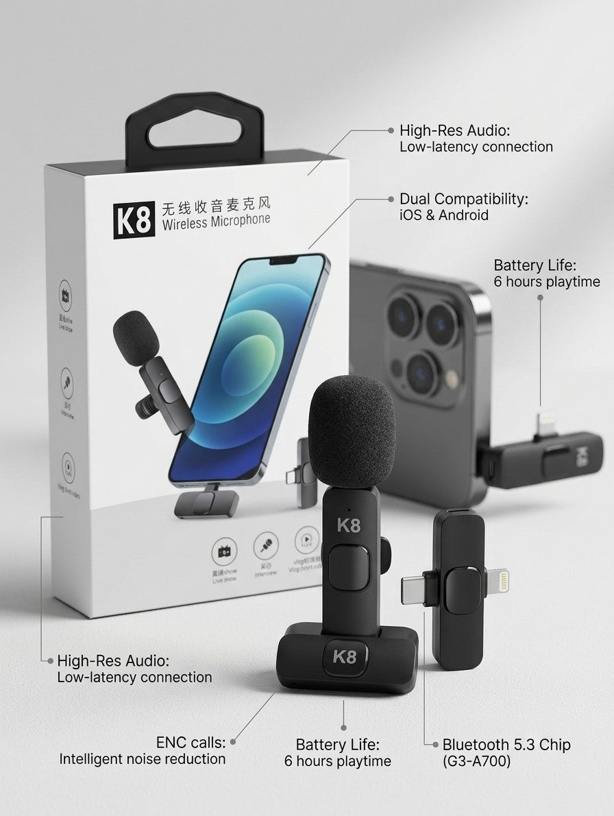 K8 Wireless Lavalier Microphone – Clip-On Mic for iPhone & Android Vlogging