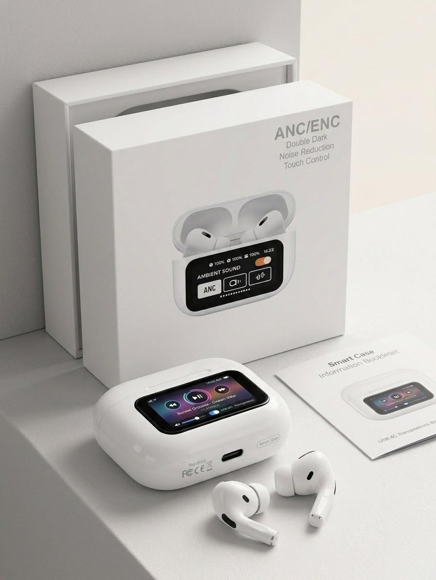 A9 Pro Smart Display ANC/ENC TWS Earbuds – Touchscreen Case with Double Noise Reduction