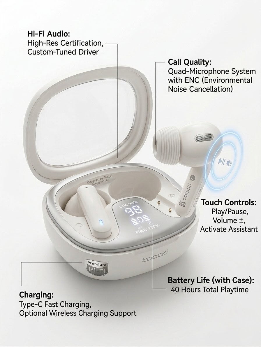 Eoocki Hi-Fi TWS Earbuds – Premium Wireless Earphones with Smart LED Case