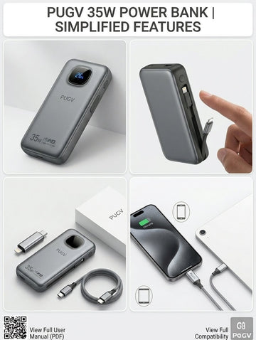 PUGV 35W Fast Charging Power Bank 10000 mAH (With Built-in Cable & Digital Display)