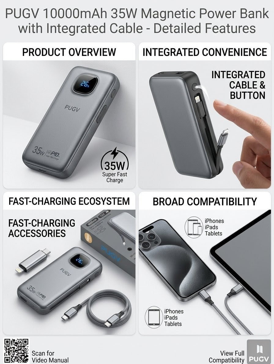 PUGV 35W Fast Charging Power Bank 10000 mAH (With Built-in Cable & Digital Display)