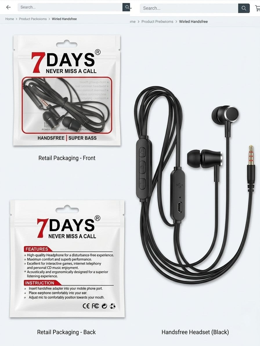 7DAYS Premium Wired Handsfree – Super Bass In-Ear Headset (Black)