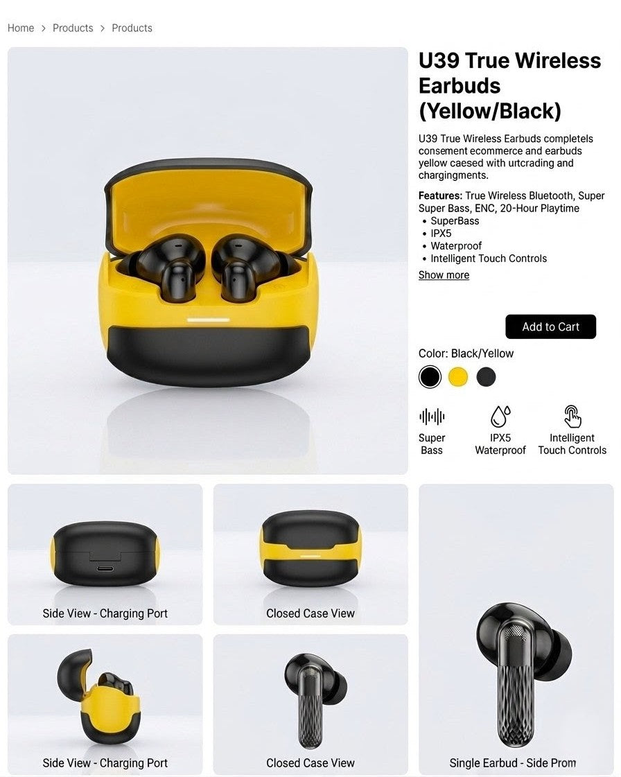 U39 True Wireless Earbuds (Black/Yellow)