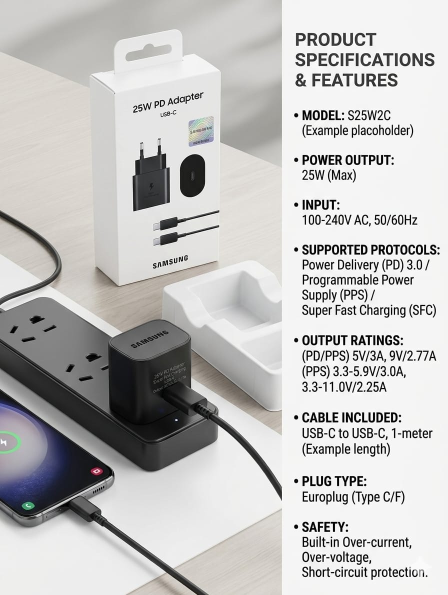 Samsung 25W USB-C Super Fast Charger – PD 3.0 Adapter with Type-C Cable